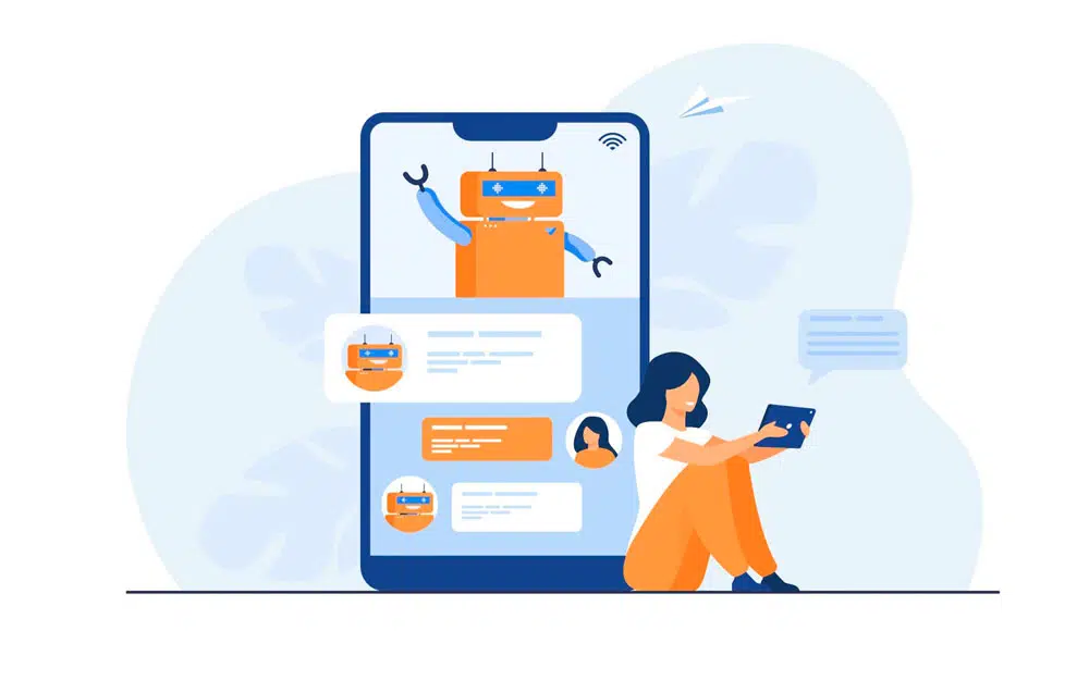 ilustra&ccedil;&atilde;o de uma mulher sentada configurando sua ferramenta de chatbot