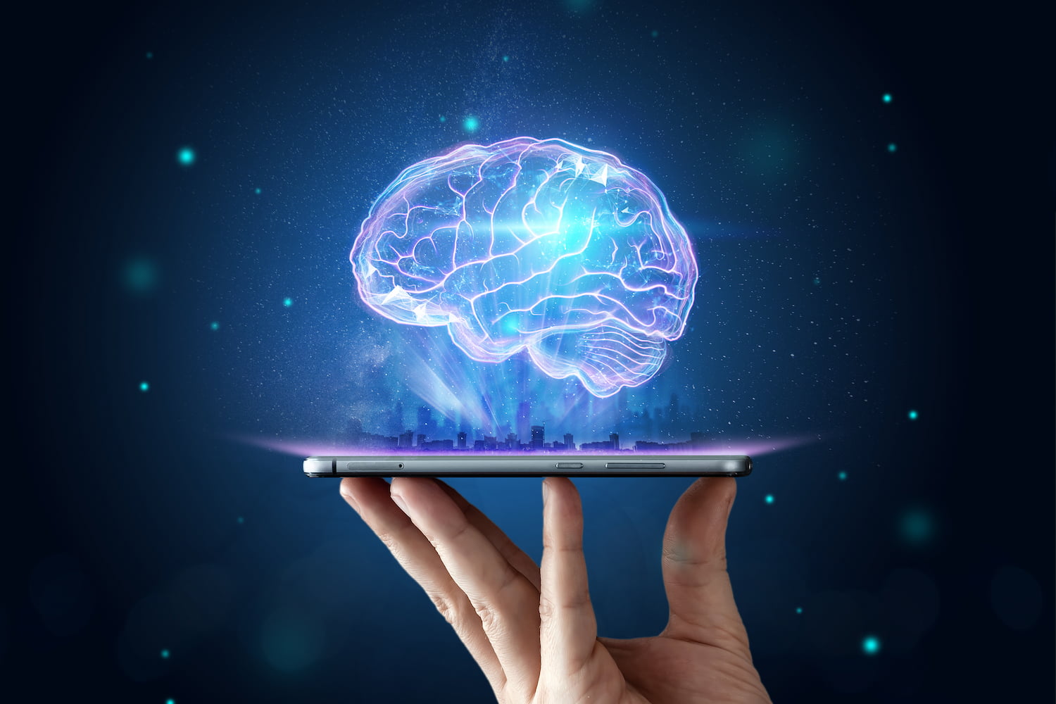 ilustração de um celular com um cérebro, representando a inteligência do processamento de linguagem natural