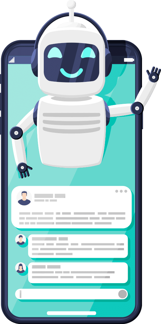Ilustração de um robô com um celular ao fundo mostrando uma conversa entre um usuário e um chatbot para Instagram