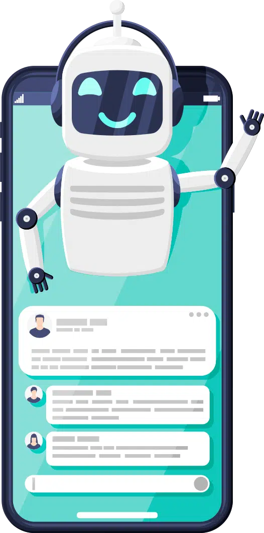 Ilustração de um robô com um celular ao fundo mostrando uma conversa entre um usuário e um chatbot para Instagram