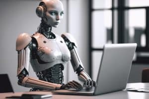 Robô tridimensional respondendo perguntas em um computador, representando o ChatGPT.