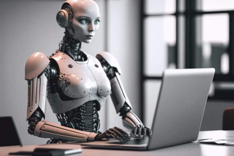 Robô tridimensional respondendo perguntas em um computador, representando o ChatGPT.