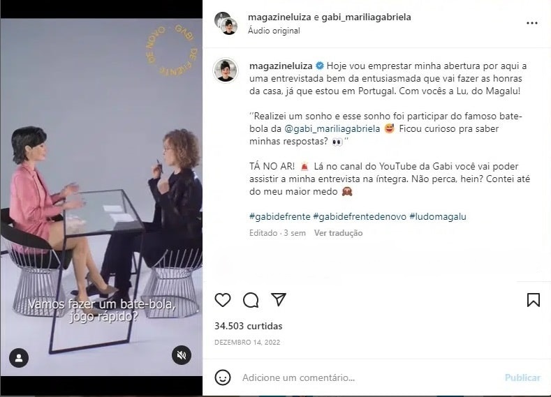 Lu do Magalu sendo entrevistada por Marília Gabriela