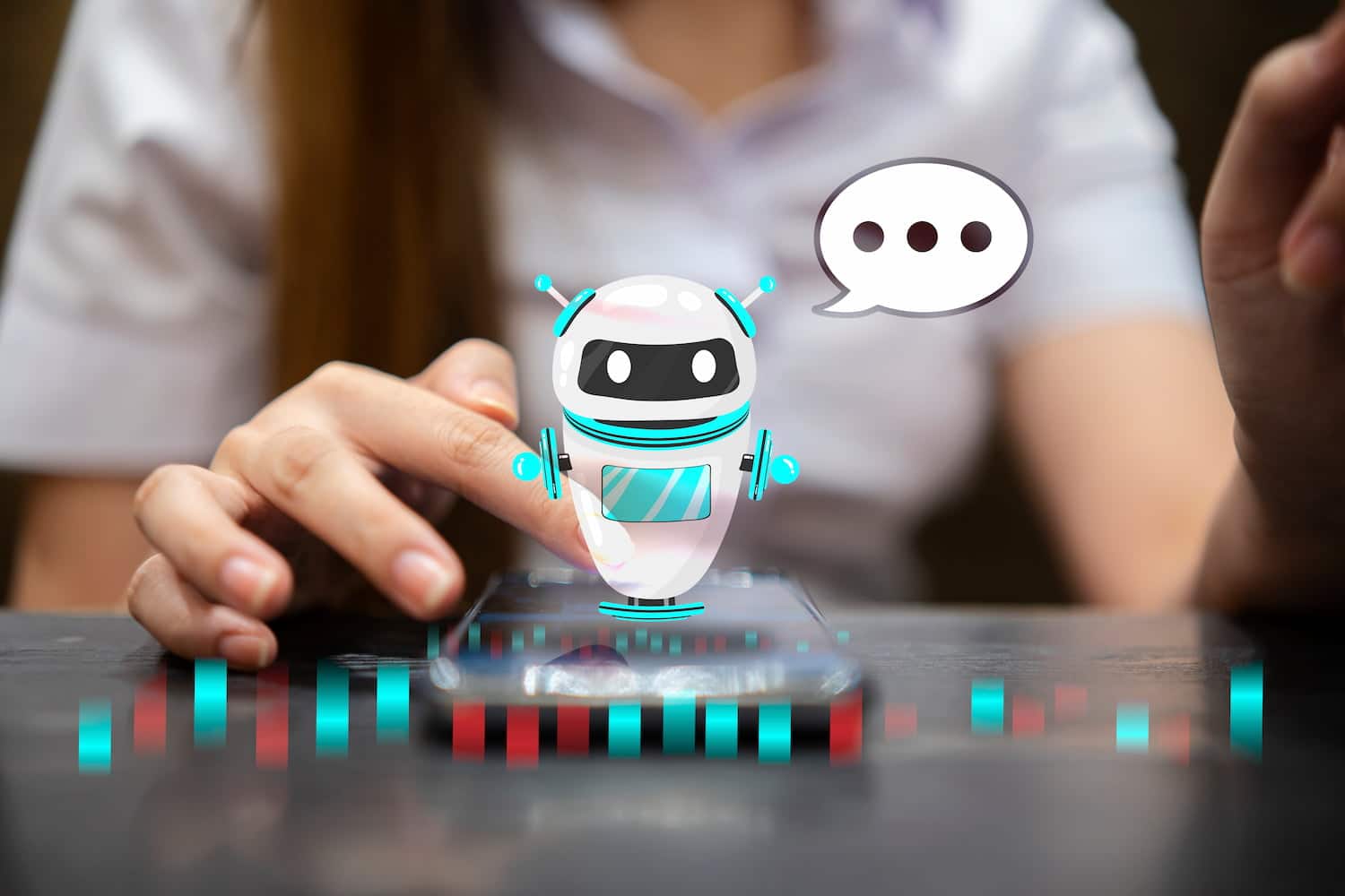 Imagem de robozinho 3D em smartphone, representando chatbots.