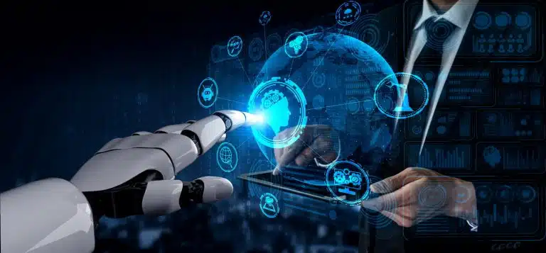 M&atilde;o rob&oacute;tica representando a evolu&ccedil;&atilde;o e o futuro do chatbot.